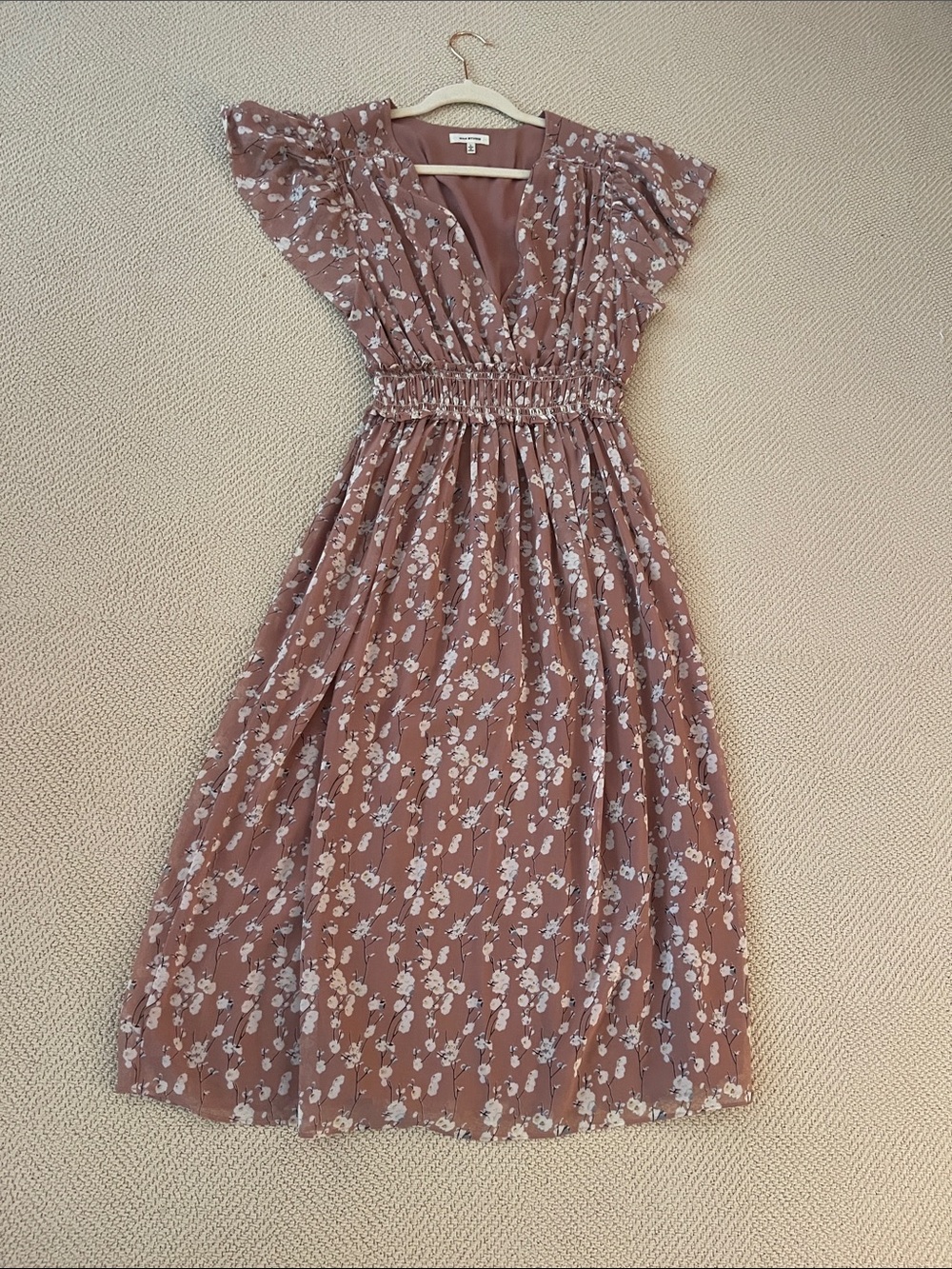 Max Studio Rose-Mauve Floral V-Neck Smocked Midi Dress
